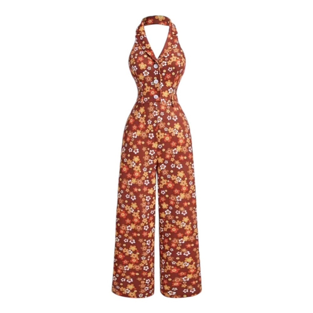 Retro Vintage  Halter Jumpsuit - Flower Power 1970s Inspired